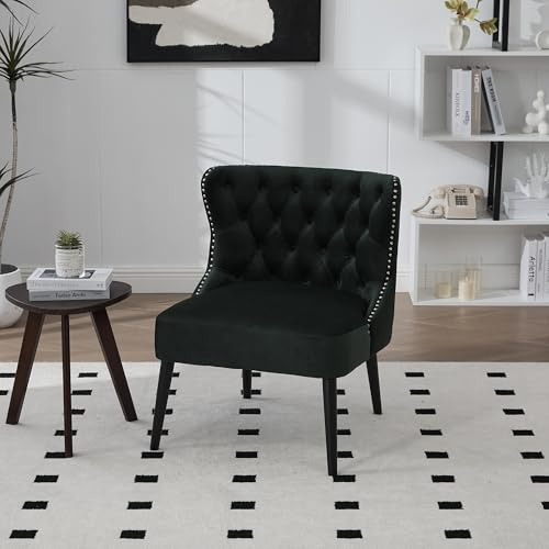 Arhatreya Esszimmerstuhl Einzelsessel ohne Armlehnen, modernes Design mit Knopfleiste und Nietenverzierung, Massivholzbeine, bequemer Polsterstuhl für Wohnzimmer & Schlafzimmer, Samt, Grün