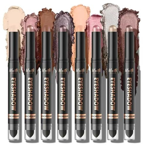 Ensemble de 8 ombres à paupières crème à double embout, crayon illuminateur pour les yeux brun nude métallique brillant et mat, pinceau estompeur intégré, maquillage pour les yeux longue tenue (#A)