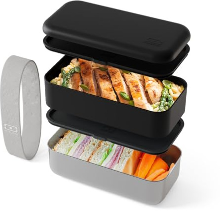 monbento – Sense Original Black Onyx Stackable Lunch Box – 1.2 L Metal/Plastic Bento Box – Microwave & Oven Safe Stainless Steel Food Containers – Leakproof & BPA-Free – Ideal for Meal Prep/Office