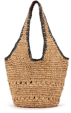 HuiYStar Große Handgefertigte Stroh-Strandtasche für Damen, Schultertasche, Hobo-Tasche, Handtasche, Ideal für den Sommer