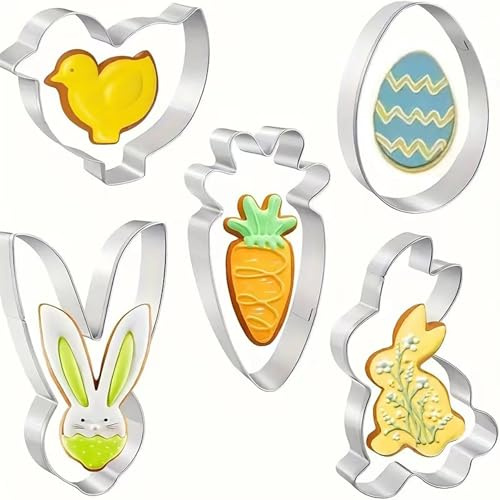 5 Pcs Easter Cookie Cutters - Carrot, Egg, Bunny, Chick, Rabbit Face, for Baking and Easter Party Decoration Gift, Unny Easters Biscui Cutters for Friends, Family, Best Friends, Sisters Gift