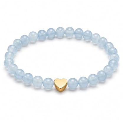 Pulsera de Piedra Natural con Corazón de Acero Inoxidable Chapado en Oro de 18 Quilates | Pulsera para Mujer con Cuentas de 6 mm | Resistente al Agua | Elástica 15–19 cm | Incluye Bolsa para Joyas