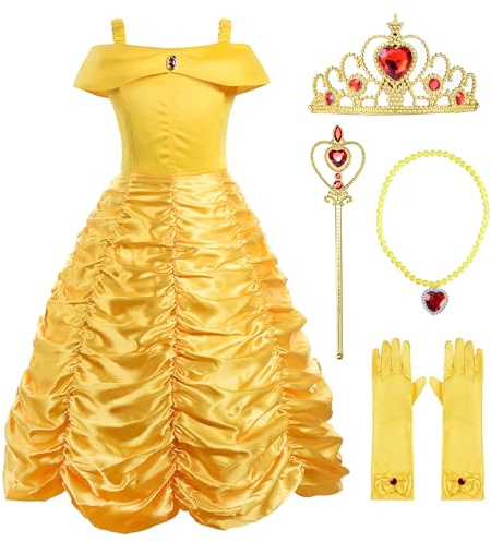 ReliBeauty Disfraz de Princesa Niña, Vestido de Fiesta Amarillo con Accesorios