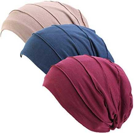 Ever Fairy 3 Stück Chemo Cancer Cotton Kopftuch Mütze Seide gefütterte Mütze Ethnic Cloth Turban Cap für Frauen (red+Navy+Khaki)