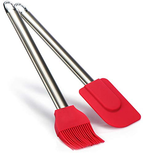 COM-FOUR® Set da forno 2 pezzi con raschietto per pasta e spazzola per dolci in silicone - spatola per la cucina - spazzola da forno con manico in metallo (2 parti - pennello + raschietto)