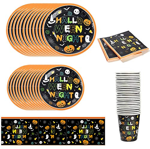 INTVN Lot de Vaisselle jetable d’Halloween - Conçu pour 24 Personnes - Idéal pour Les fêtes - Ensemble Complet de Tasses, Assiettes, Serviettes et Nappe à thème d’Halloween