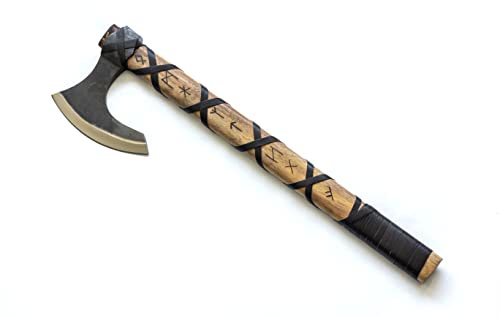 Sons of Odin 50,8 cm große Wikinger-Streitaxt mit Kopf aus Karbonstahl und Mahagoni-Schaft mit handgravierten nordischen Runen