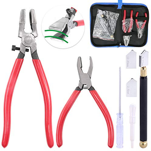 Glarks 4pc Heavy Duty Glass Running Pliers Tools Set - Breaker Grozer Pliers, Glass Cutter & Oil-Feed Carbide Tip for Mosaic & Tiles