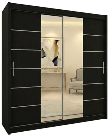 INTERWOOD Full Mirror Sliding Door Wardrobe – 2 Doors Storage Cabinet with Hanging Rail, Adjustable Shelves and Chrome Handles | Strong MDF Wardrobe for Home Office, Bedroom Furniture 180cm(black)
