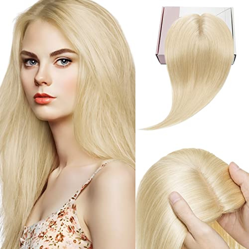 Elailite Clip in Hair Topper, Frauen Toupet Haarteil Echthaar Blond, 15cm 27g Clip in Extensions Haarteil, 130% Dichte Remy Silk Base Glatt 6, #613 Gebleichtes Blond