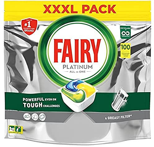 Fairy Platinum Detersivo Pastiglie Lavastoviglie, Brillantante, 100 Capsule Lavastoviglie, Limone, Con Sistema Di Prelavaggio Integrato, Efficace Nelle Sfide Difficili Contro Lo Sporco