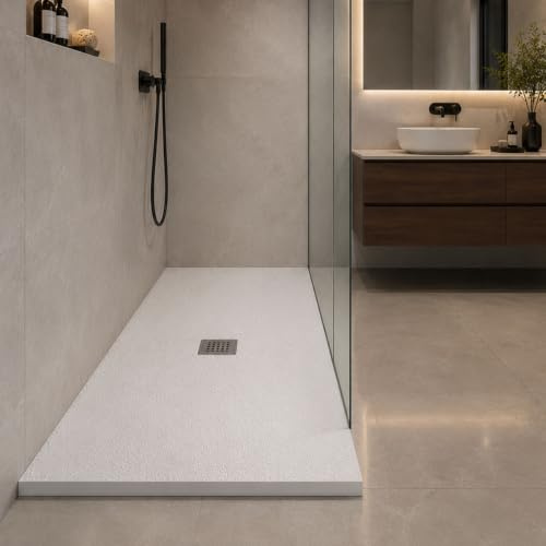 Yellowshop - Piatto doccia rettangolare marmoresina base 90 cm h 2,5 cm HEAVY Bianco con sifone, piletta e copripiletta inox (cm 90x180)