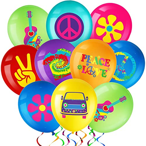 Aoriher 45 Stück Retro Hippie Luftballons Boho Luftballons mit Gänseblümchen Regenbogen Friedenszeichen Bunte Ballons für Party Deko (Tie-Dye Stil)