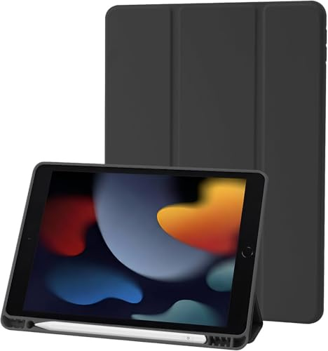 Hülle Kompatibel mit iPad 9 8 7 Generation 10.2 Zoll, Model 2021/2020/2019,9./8./7. Hülle mit Stifthalter, Trifold Ständer Schutzhülle, Auto Schlafen/Wachen for iPad 10,2 - Schwarz