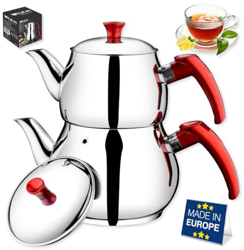 Hakan Stainless Steel 2.8 L, 93 Oz, Midi Double Bondy Tea Pot Set with Self Strainer Double Lids, Turkish Samovar Style Teapot Set, Tea Kettle for Loose Leaf Tea with Red Bakelite Handle 2.9-Quart