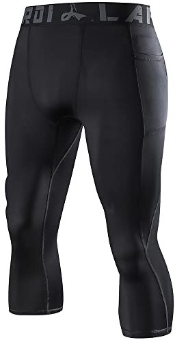 LAFROI Men's Compression Fit 3/4 Tights Leggings with Pcoket/Non-Pocket-YSK10 Pocket Black Size MD