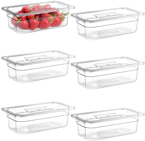 Bekith 6 Pack Plastic Clear Food Pans with Lids, 1/3 Size 4 Inch Deep Stackable Commercial Polycarbonate Pans for Kitchen Restaurant Food Prep, Freezer-Safe