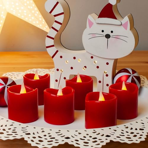 hellum LED Wachskerzen rot mit Batterie (CR2032), 6er Set Tischdekoration | LED Kerzen flackernde Flamme 5x5,5cm, Kerzen mit Batterien (inkl.), Weihnachtsbeleuchtung Deko, Geburtstag, Echtwachs 150773