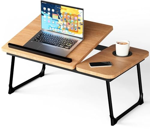 Laptop Bed Table,Laptop Bed Desk with Foldable Legs & Cup Slot, Folding Table Adjustable Trays, Reading Book Holder Notebook Stand Lap Tray for Bed, Sofa,Terrace,Carpet, Walnut