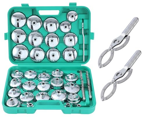 TOPWAY 35 PCs 1/2 Juego de Vasos para Llaves de Filtro de Aceite con 2 Esposas Tipo de Llave de Filtro de Aceite de Ajustable y Llave, Acero Inoxidable, para Reparación de Automática