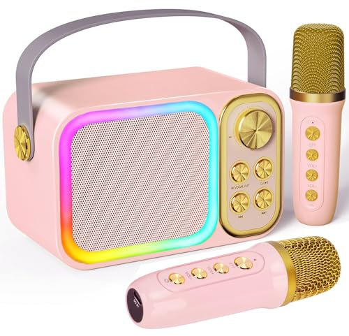 Cozymeow Karaoke con 2 Microfonos Inalambricos, Altavoz Bluetooth Potente con Luces, 7 Efectos de Sonido, Portatil Maquina Karaoke Soporte Tarjeta TF, AUX para Niña y Niños Adulto Brithday - Rosa