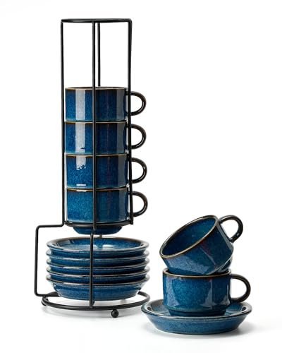 HOME DECOR Set di tazze da cappuccino con processo di smaltatura reattiva, 6 tazzine da caffè da 140 ml, con piattino e supporto, eleganti tazze in ceramica per espresso, cappuccino e latte, smalto