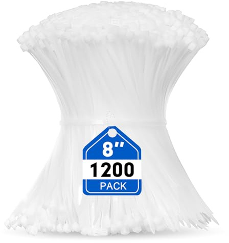 Zip Ties, RAZCC 1200pcs Cable Zip Ties 8 Inch, Heavy Duty White Plastic Wire Ties with 50lb Tensile Strength, Self-Locking Nylon Cable Ties, Wire Management for Indoor and Outdoor
