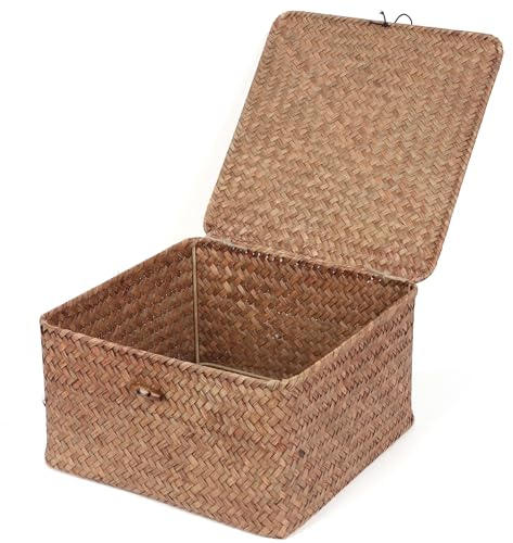 Moosky Weidenregalkörbe mit Deckel, handgewebter Aufbewahrungskorb aus Seegras, quadratische Geschenkboxen für Regale, Heimdekoration, Organizer (Kaffee, mittelgroß)