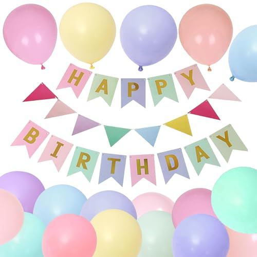 Macaron Luftballons Geburtstag Dekoration Set, Macaron Farbe Geburtstagsdeko Happy Birthday deko Banner Party Deko Geburtstag Set mit 16pcs Luftballons Dreiecksflaggen Girlanden（Macaron+SJQ）