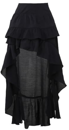 TOMETO Star Jupe Longue Gothique Noire pour Femme asymétrique à Volants Renaissance, Noir, Taille L