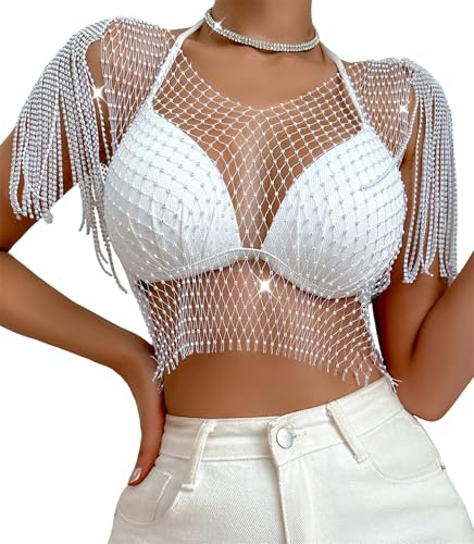 FEOYA Pailletten Netzoberteil Mesh Kristall Crop Top Glänzende Fischnetz Cover Up Durchsichtiges Glitzer Top für Nachtclub Party Festival Weiß S