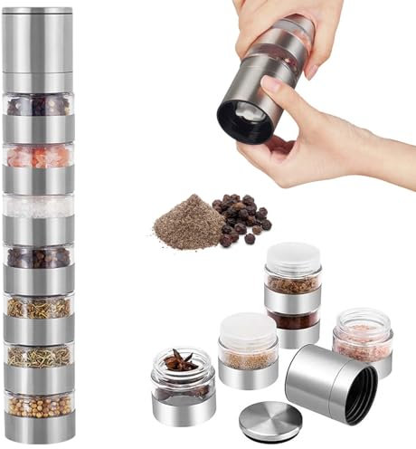Juego de mini tarros de especias 7 en 1, tarros de especias con molinillo y tapa, molinillo de especias para camping, exterior, mini especias, acero inoxidable, portátil, para picnic, barbacoa,
