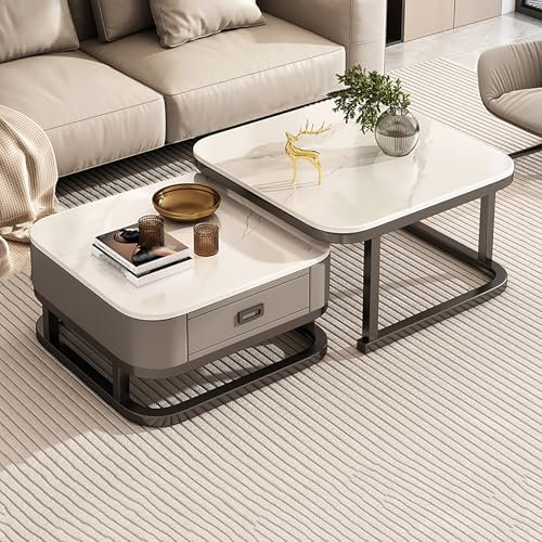 Fslvmin Satztisch-couchtisch 2er-Set, Moderner Quadratischer Cocktailtisch mit Kunstmarmorplatte und Schublade, Stapelbarer Mitteltisch für Wohnzimmer, Wohnung, Kleine Räume(A Set, White)
