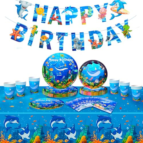 Forniture per Feste a Tema Oceano, 24Ospiti Oceano Decorazioni Feste Compleanno per Bambini, Piatti Tovaglioli Tazze Tovaglia Marino Animali Forniture per Feste