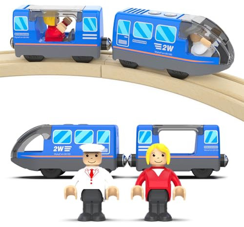 DxxD Tren eléctrico para niños, tren de madera de juguete, tren interurbano con figuras para ferrocarril, locomotora de acción a batería, coche de juguete compatible con Thomas, Brio, a partir de 3