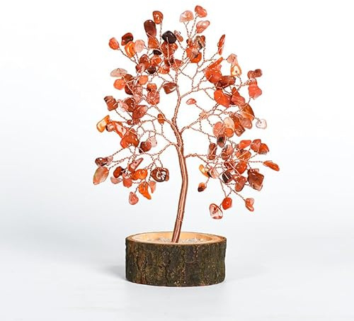 Xiao Hua 1 pieza de piedra natural roja, árbol de la vida, hojas de piedra triturada, base de madera maciza, decoración creativa para el hogar, oficina, escritorio