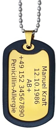 Generisch Dog Tag Personalisiert – Erkennungsmarke Edelstahl – Gold Kette Mit Namen – Gravur – Personalisierte Kette Herren – Militär Geschenke – 2 Mm Dick – Gravur – Set Mit Clip Und Gummi-Silencer