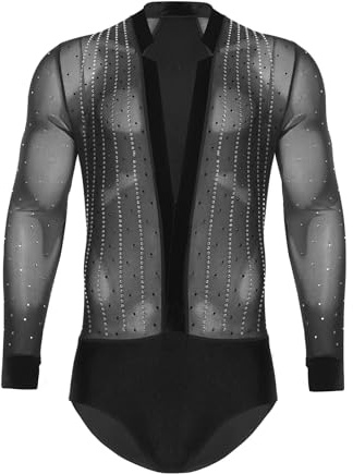 Sinleey Herren Latein Tanz Body Glitzer Langarm Gymnastikanzug Eislauf Turnanzug Turnbody Tanzkostüm Modern Dance