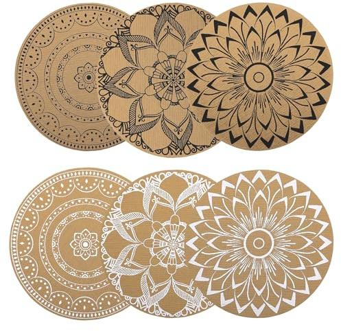 Set di 6 tovagliette rotonde, lavabili in finto lino, resistenti al calore e antiscivolo, design con mandala, lavabili e lavabili, rotonde