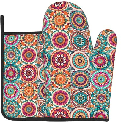 Boho Oven Mitts and Pot Holders - Mexican Flower Kitchen Mitt Sets of 2 Bohemian Oven Gloves Hot Pads for Cooking Baking Grilling
