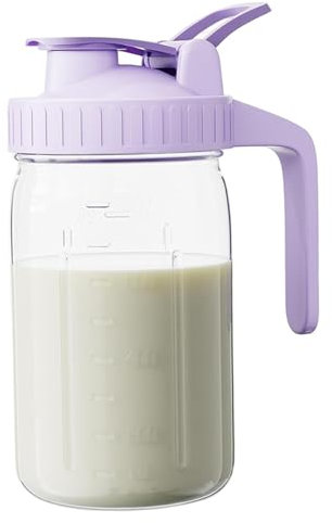 Jarra de leche de vidrio, jarra de vidrio a prueba de fugas de 32 oz con tapa y boquilla en forma de V, botella de almacenamiento de leche materna para lavavajillas para el hogar