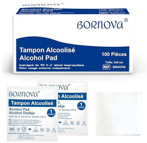 100 UDS – Toallitas impregnadas – 3x6 cm para limpieza de la piel y objetos – Uso único – BORNOVA