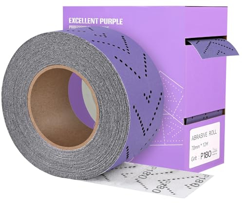 MOGRQAP Rollo de Papel de Lija Grano 180, 70mm x 12m Rollo de Hojas de Lija Multi-Hole Precorte Papel de Lijado Cerámicas Morado para Madera, Metal y Pulido de Automóviles