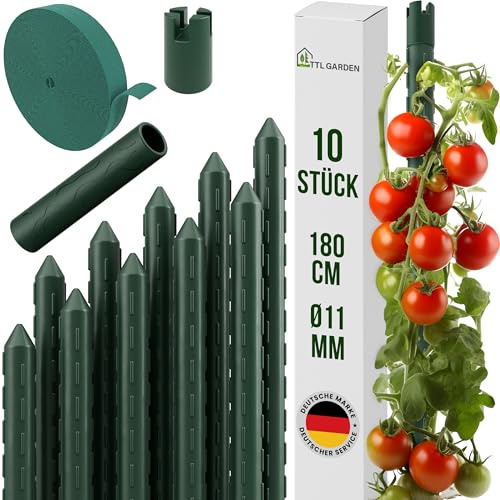 TTL GARDEN Rankstäbe 10er Set 180cm x 11mm Ø grün - Rankhilfe + Klettband | - Rankstäbe Stahl rostfrei kunststoffbeschichtet Pflanzenstütze Blumenstütze für Tomaten, Paprika, Gurken, Bohnen & Blumen