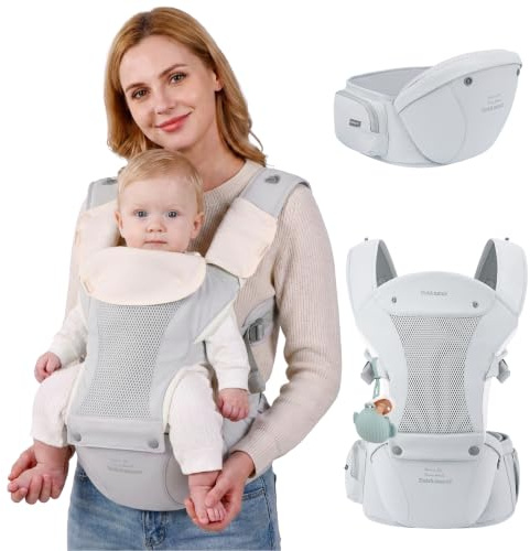 Bebear Babytrage für 0-36 Monate, 3D Air Mesh Rucksack für Neugeborene bis Kleinkinder,ergonomischer 6 in 1 Fronttrage(Cotton Light Grey)