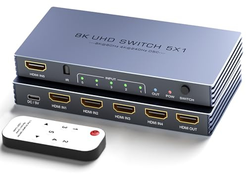 HDMI Switch 4K 240Hz - New Upgrade 5 in 1 Out 8K@60Hz 4K@240Hz 4K@120Hz HDMI Switch mit Fernbedienung Unterstützt 3D/HDR/HDCP2.3, Kompatibel mit PS5/4 Xbox Roku Apple TV Fire Stick