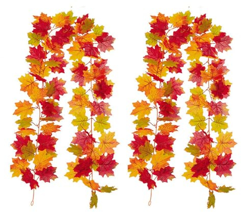 2 Pack Artificial Autumn Maple Leaves Decorations, 5.58 Ft Fall Leaf Garland Hanging Plant with Hooks, Reddish Orange Artificial Fake Fall Leaves for House Garden Wall Doorway Fireplace