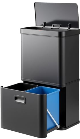 COSTWAY Poubelle Cuisine Automatique 56L en Acier Inoxydable, Poubelle Tri Selectif 3 Compartiments, 2 Bacs Amovibles, Fermeture Douce, Anti-Empreintes, pour Bureau, Salle Bain (Noir)