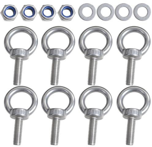 Ollanoos 8 pernos de ojo M10 con tuercas de 35 mm, acero inoxidable, anillo de elevación de hombro, perno de ojo resistente, con tuercas de bloqueo, arandelas de bloqueo y arandelas planas