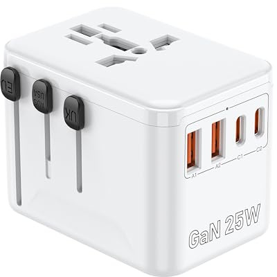 Adattatore da viaggio universale - Spina di viaggio con PD25W 2 USB, 2 Type C e spine UK/USA/EU/AUS, adattatore da viaggio all-in-one per oltre 200 Paesi tra cui Inghilterra, USA, Giappone, Tailandia
